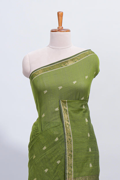 Green thread butta south cotton saree with self zari border and matching pallu