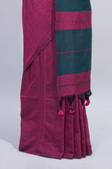 Borderless purple south cotton saree with contrast striped pallu and tassels