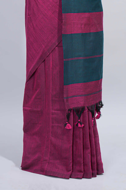 Borderless purple south cotton saree with contrast striped pallu and tassels