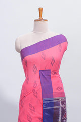 Pink ikkat style butta south cotton saree with contrast border and matching printed blouse
