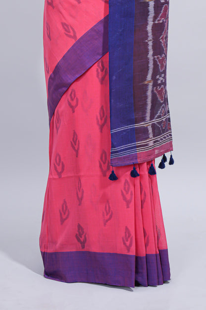 Pink ikkat style butta south cotton saree with contrast border and matching printed blouse