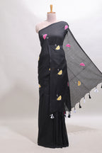 Borderless black umberla motifs design saree with contrast blouse and tassels