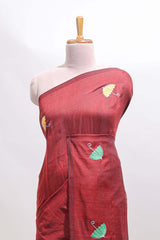 Borderless maroon umberla motifs design saree with contrast blouse and tassels