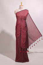 Deep red plain south cotton sarees with contrast warli printed blouse