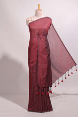 Deep red plain south cotton sarees with contrast warli printed blouse