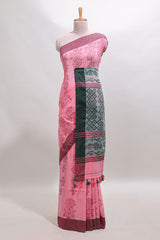 Pink floral design south cotton saree with contrast border and blouse