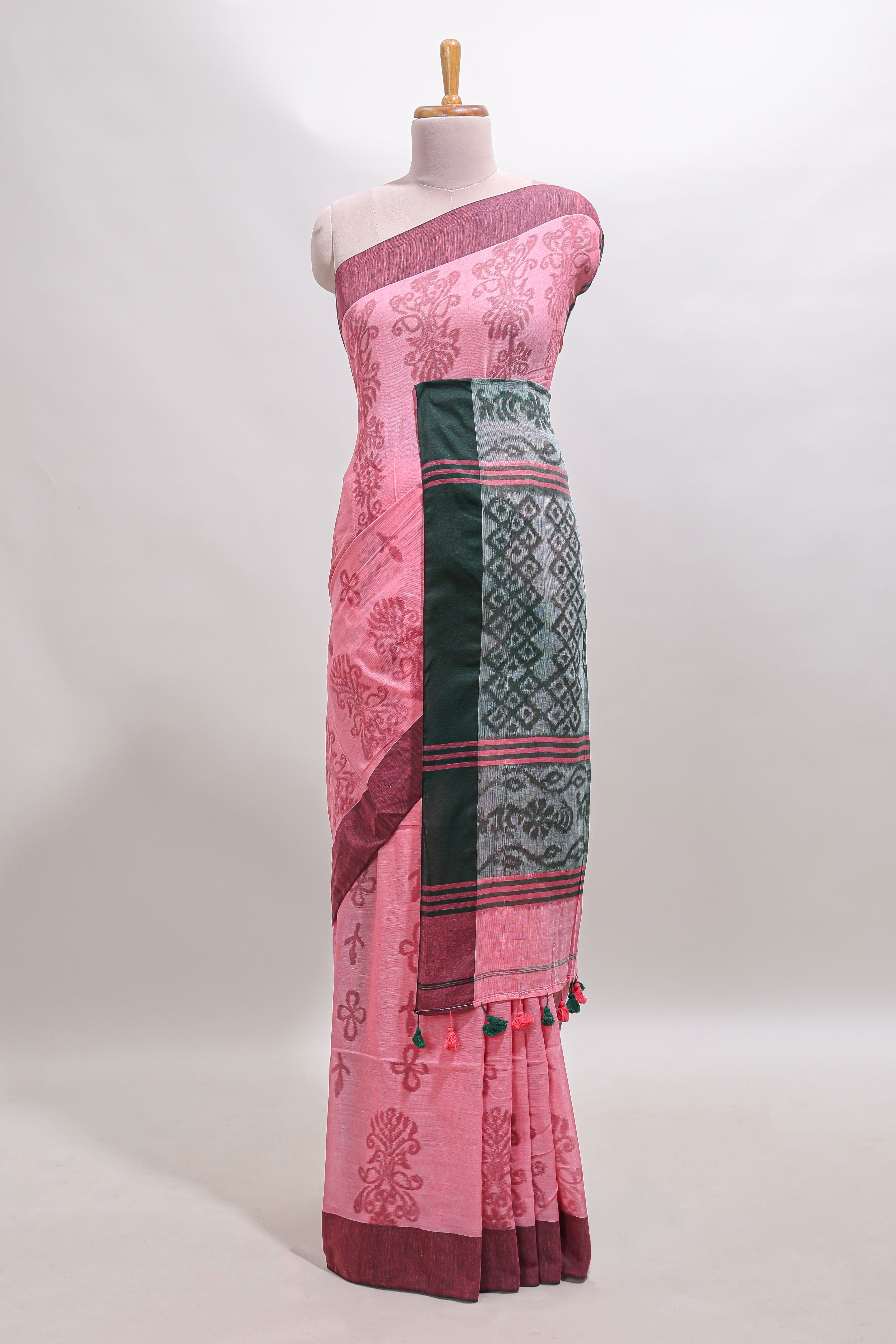 Pink floral design south cotton saree with contrast border and blouse