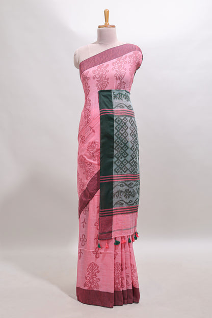 Pink floral design south cotton saree with contrast border and blouse
