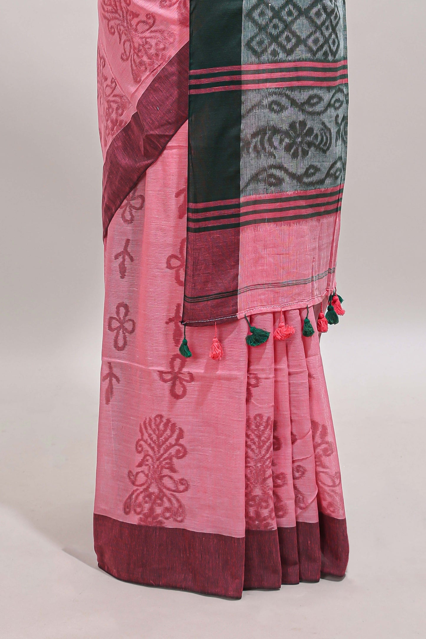 Pink floral design south cotton saree with contrast border and blouse
