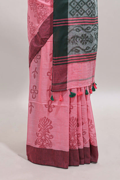 Pink floral design south cotton saree with contrast border and blouse