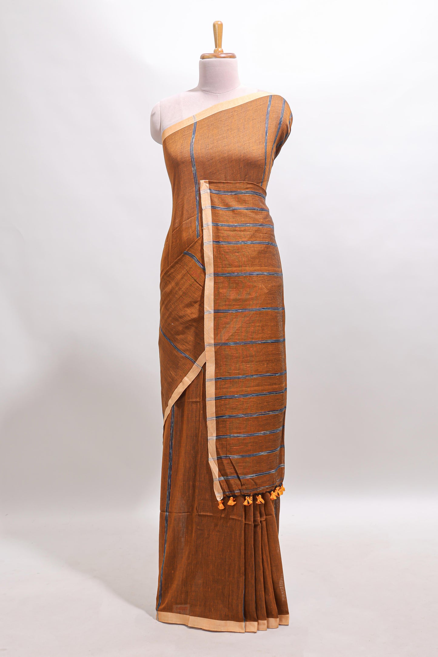 Mustard striped south cotton saree with contrast border and blouse