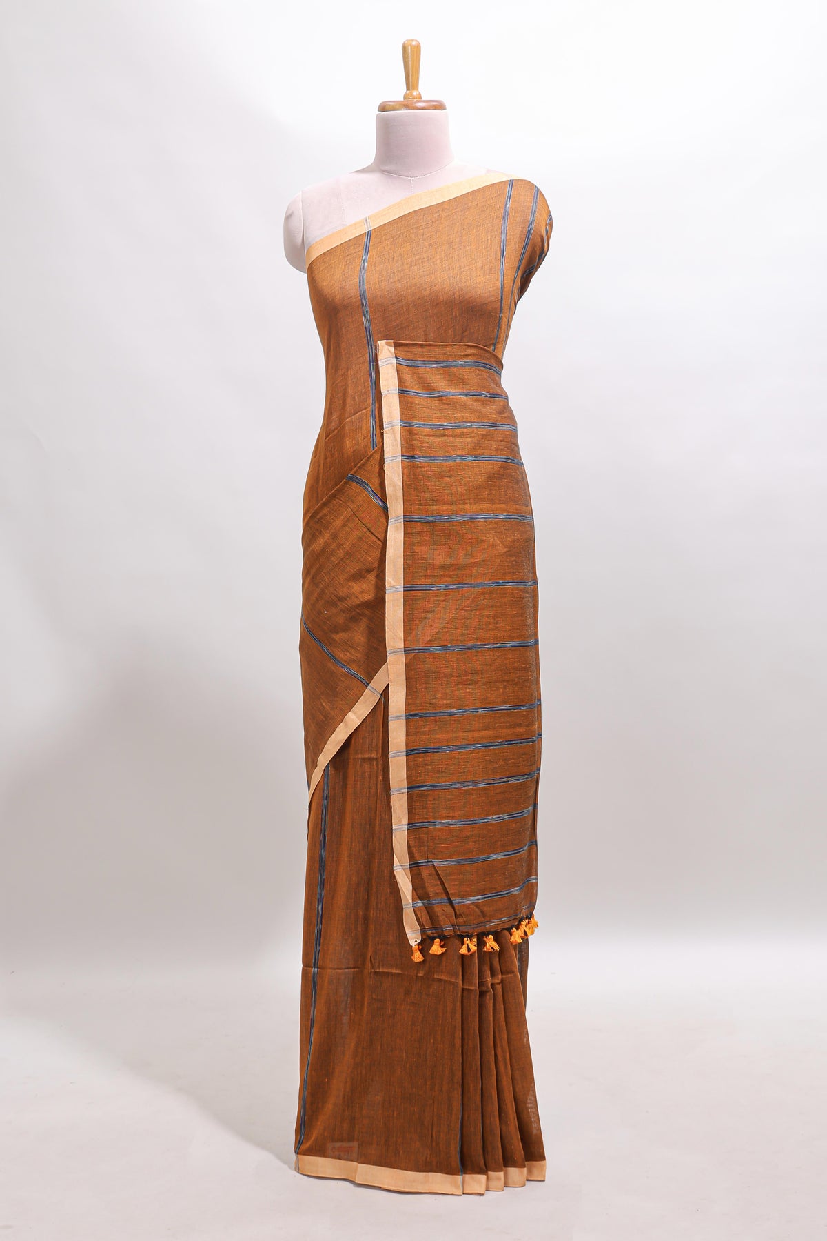 Mustard striped south cotton saree with contrast border and blouse