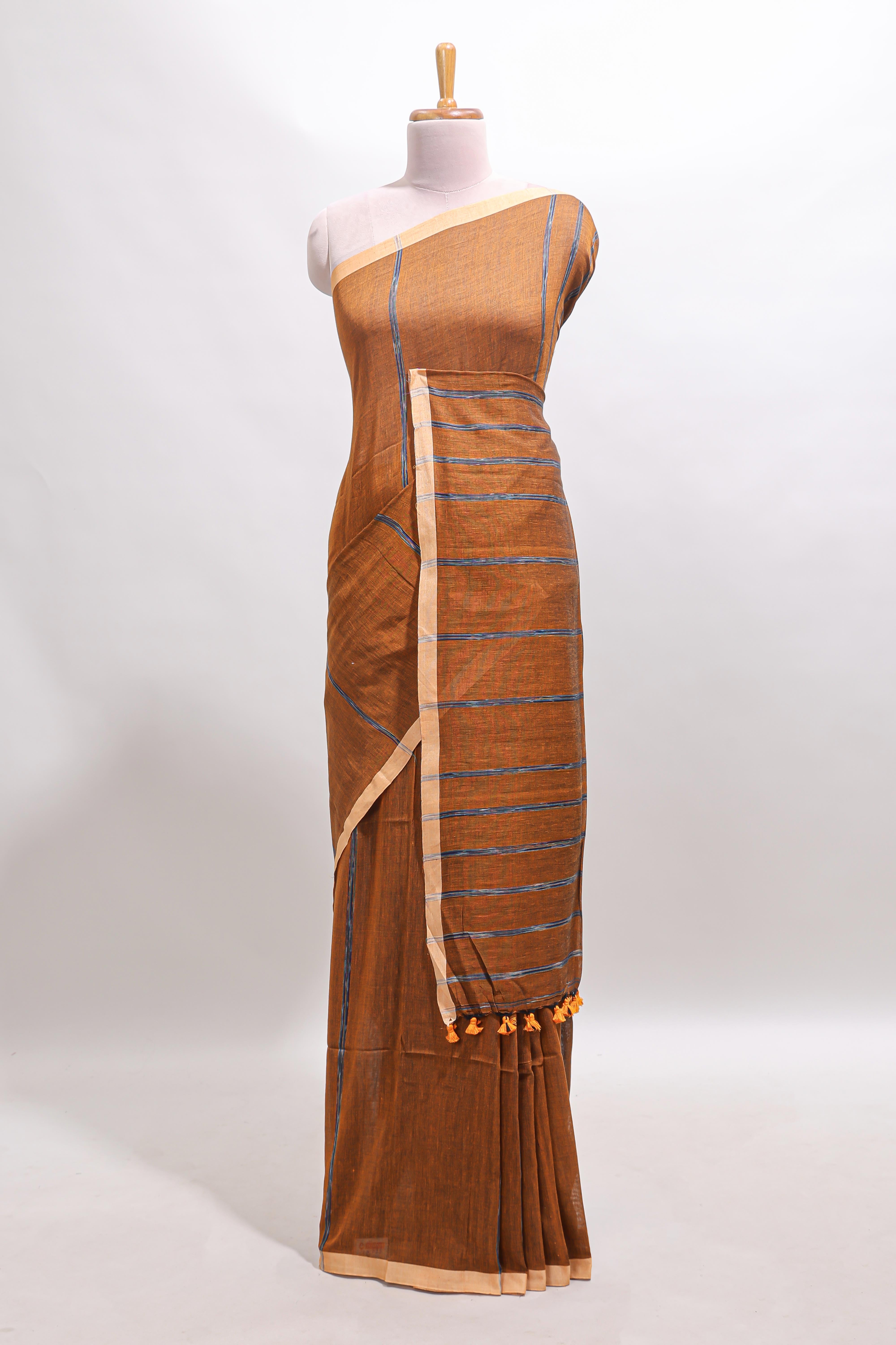 Mustard striped south cotton saree with contrast border and blouse