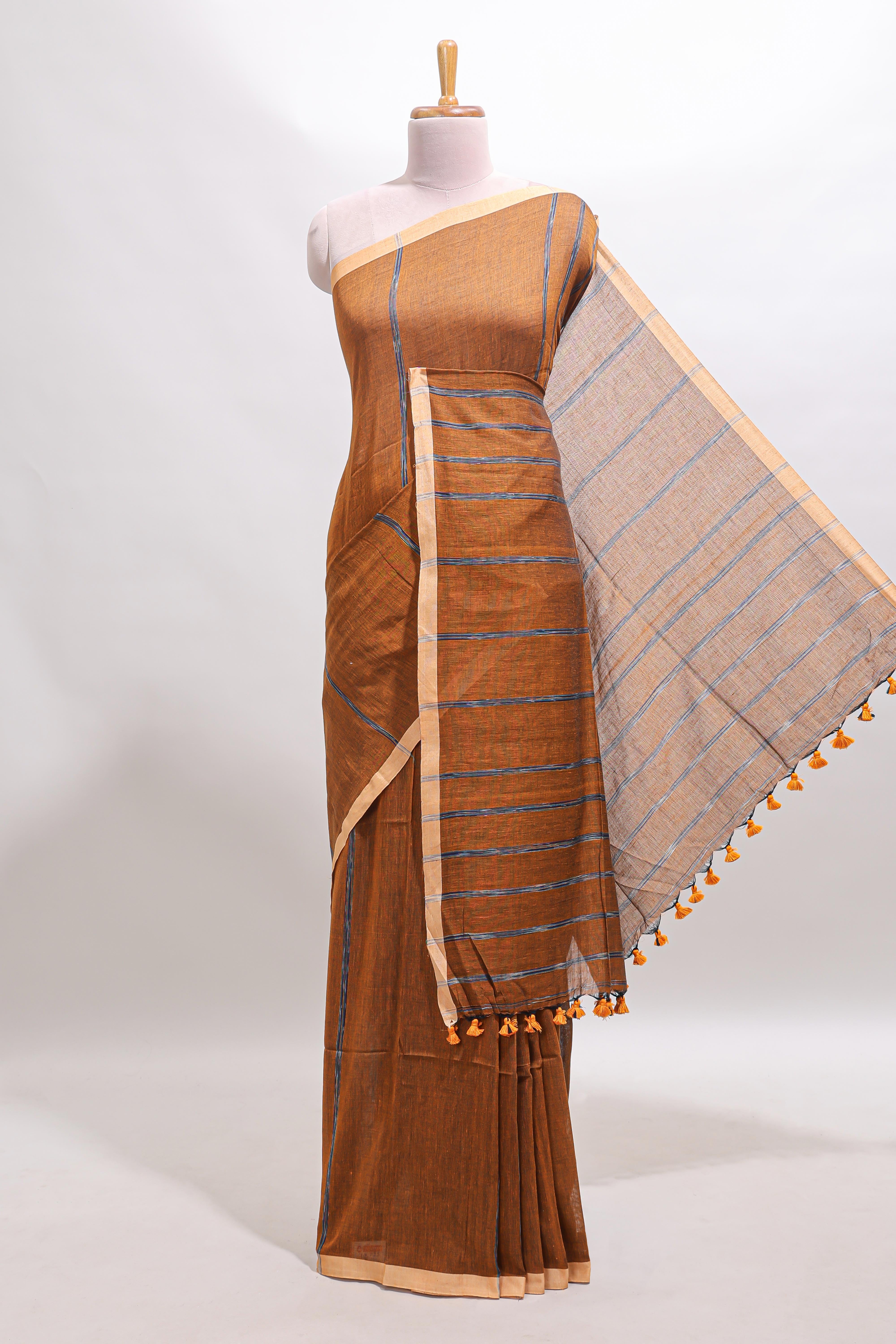 Mustard striped south cotton saree with contrast border and blouse