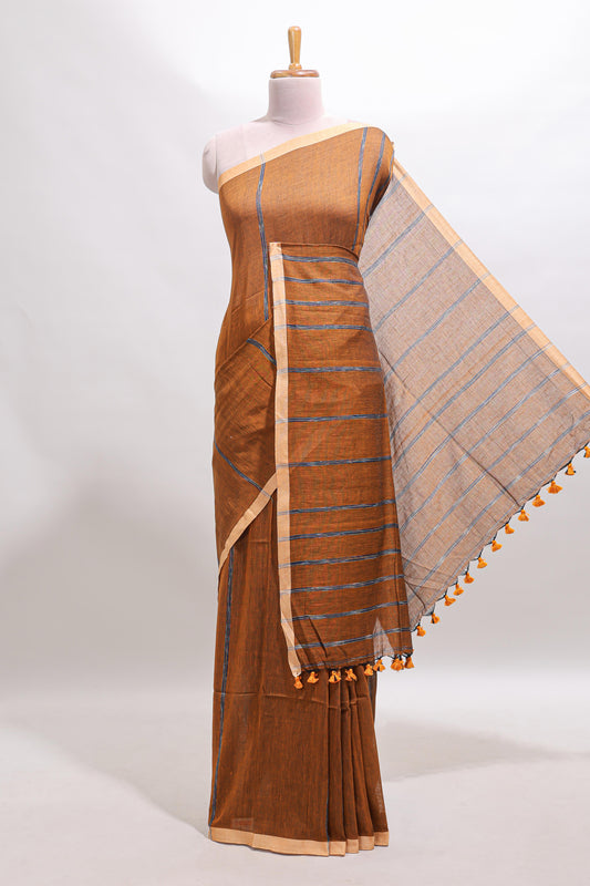 Mustard striped south cotton saree with contrast border and blouse