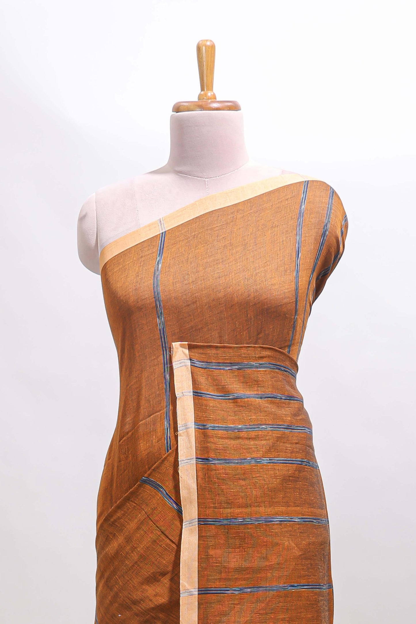 Mustard striped south cotton saree with contrast border and blouse