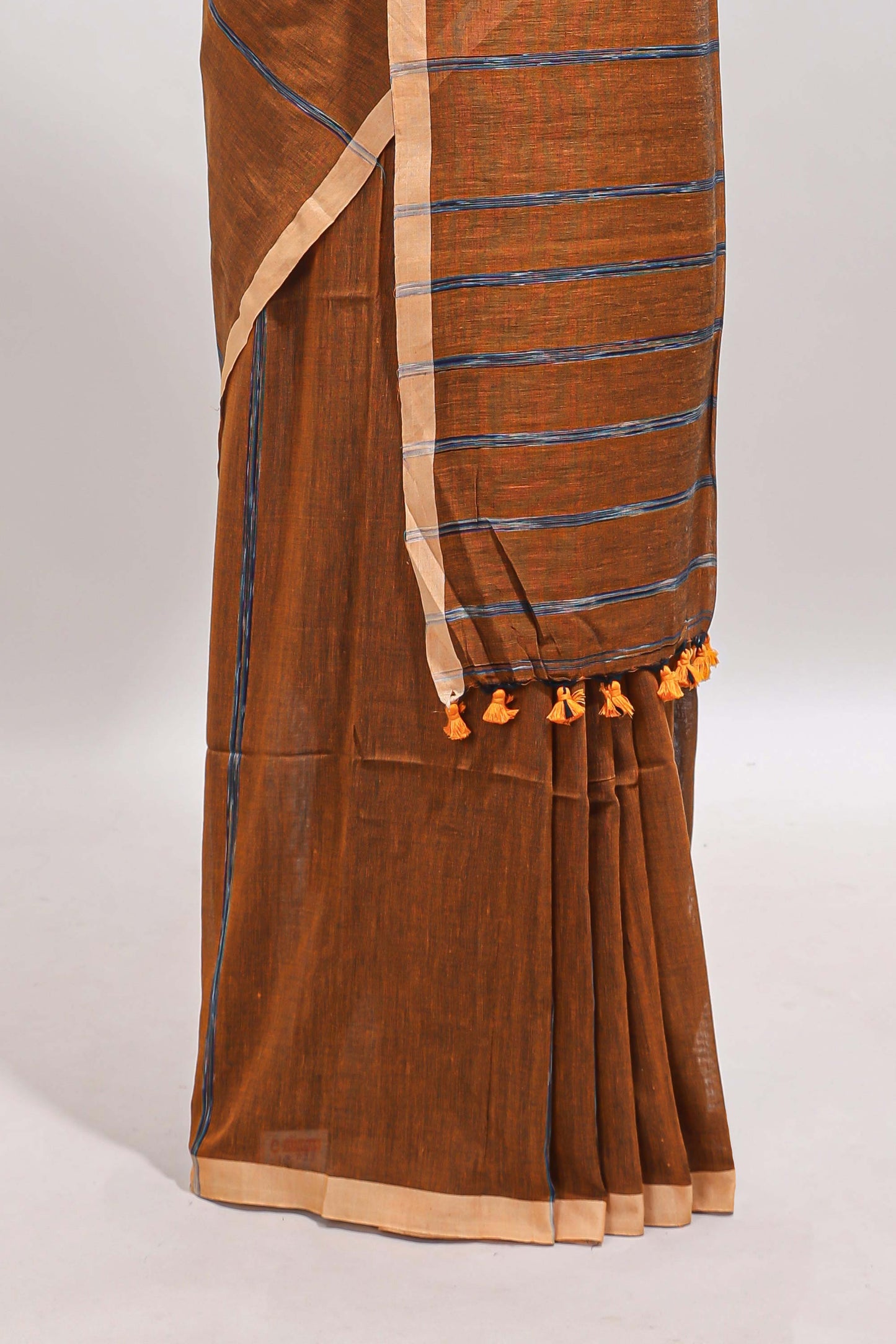 Mustard striped south cotton saree with contrast border and blouse