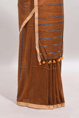 Mustard striped south cotton saree with contrast border and blouse