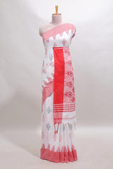 White ikkat style floral design south cotton saree with contrast border and blouse