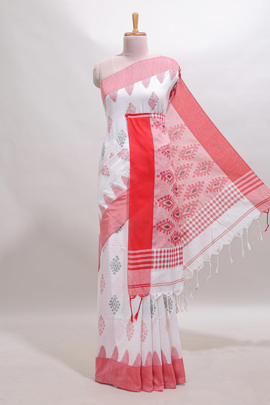 White ikkat style floral design south cotton saree with contrast border and blouse