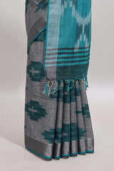 Grey ikkat style motifs south cotton saree with contrast silver zari border and blouse