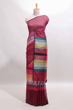 Multi color striped south cotton saree with contrast border and matching blouse