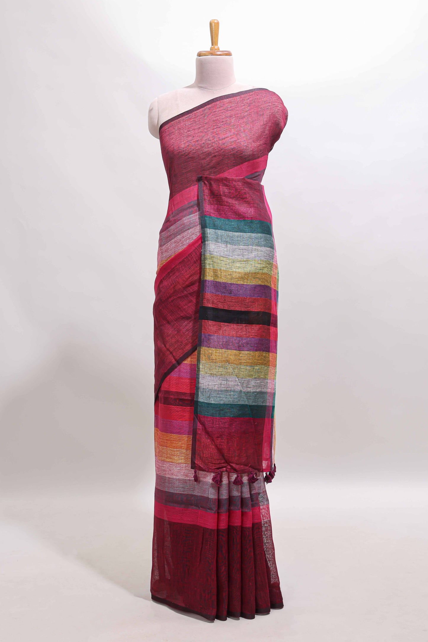 Multi color striped south cotton saree with contrast border and matching blouse