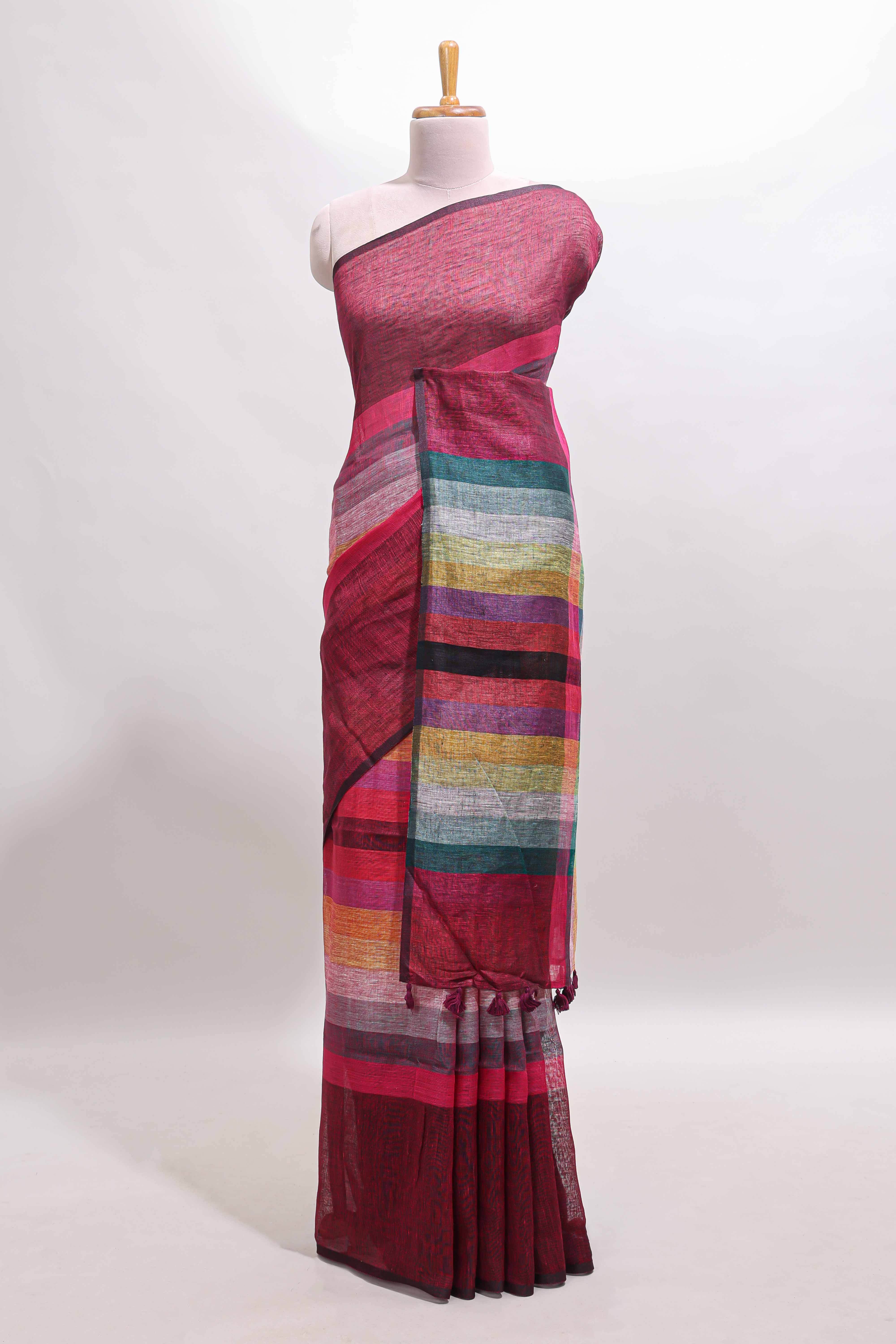 Multi color striped south cotton saree with contrast border and matching blouse