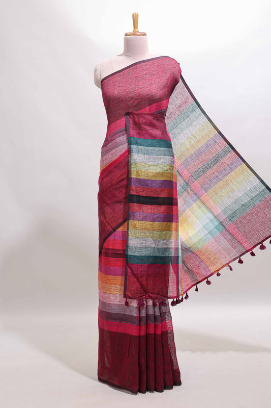 Multi color striped south cotton saree with contrast border and matching blouse