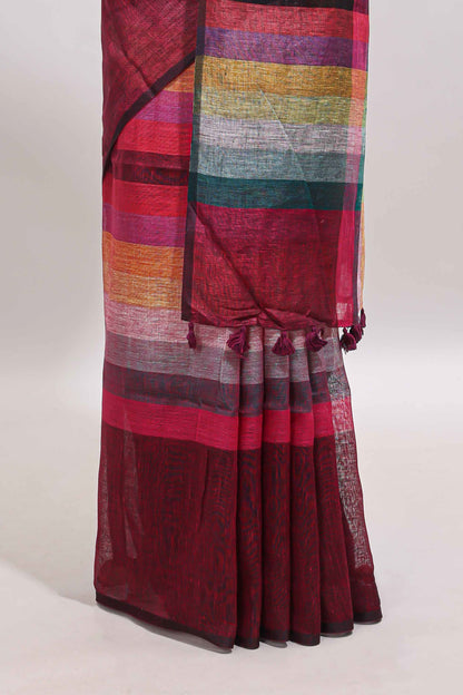 Multi color striped south cotton saree with contrast border and matching blouse