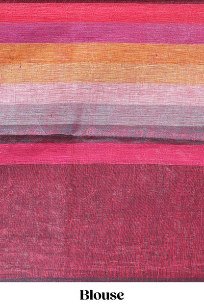 Multi color striped south cotton saree with contrast border and matching blouse