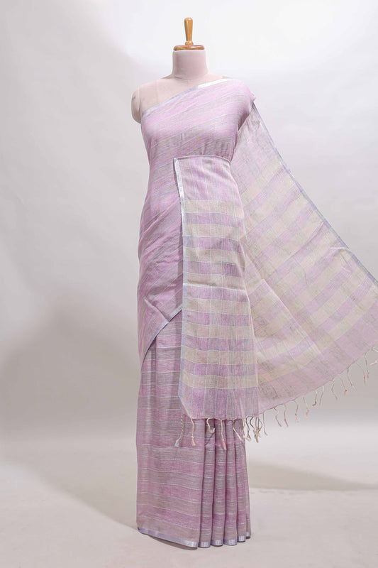 Lavender striped south cotton saree with self silver zari border and matching blouse