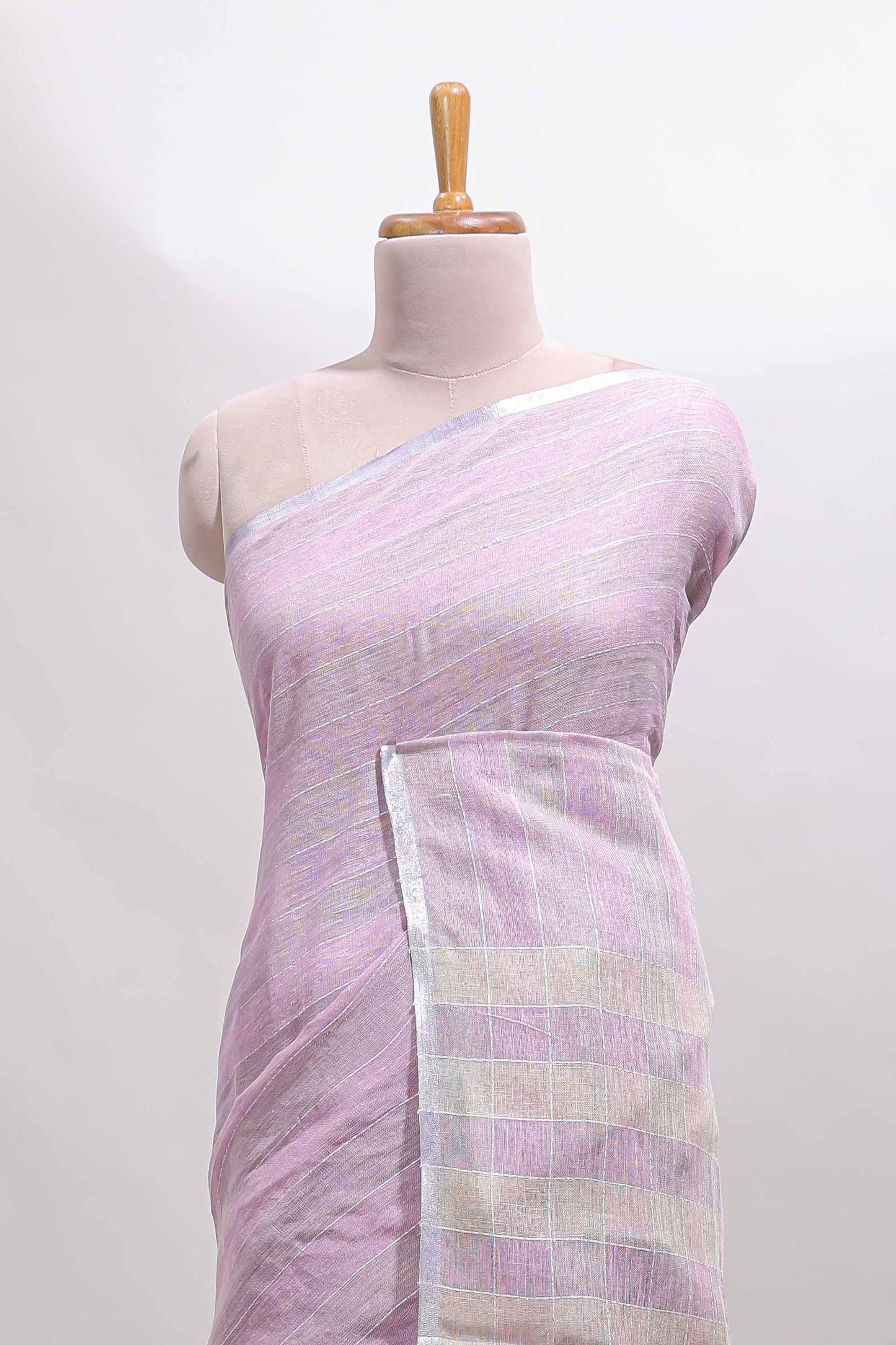 Lavender striped south cotton saree with self silver zari border and matching blouse
