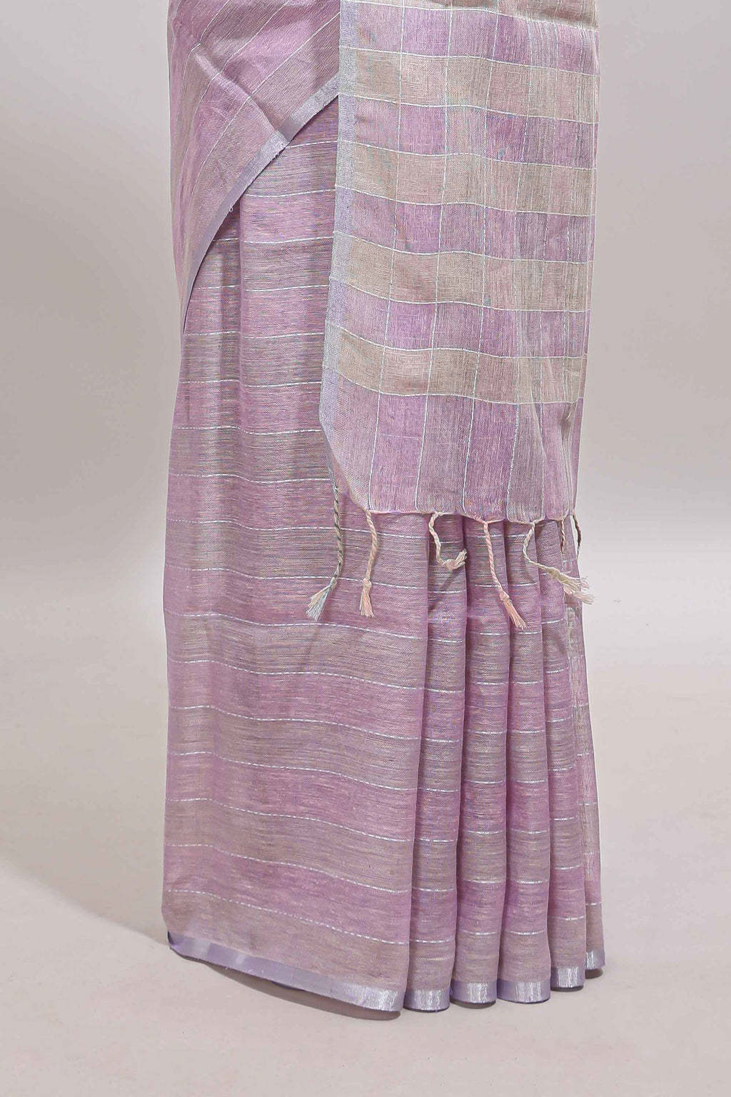 Lavender striped south cotton saree with self silver zari border and matching blouse