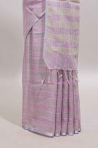 Lavender striped south cotton saree with self silver zari border and matching blouse