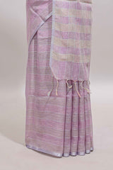 Lavender striped south cotton saree with self silver zari border and matching blouse