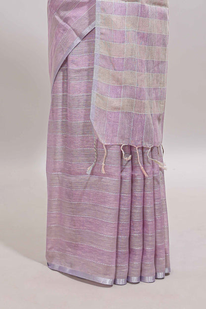 Lavender striped south cotton saree with self silver zari border and matching blouse