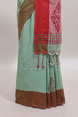 Green motifs south cotton saree with contrast border and blouse