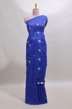 Borderless blue butterfly motifs south cotton saree with contrast blouse and tassels