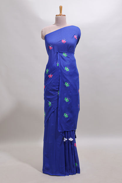 Borderless blue butterfly motifs south cotton saree with contrast blouse and tassels
