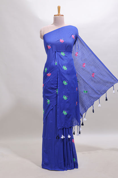 Borderless blue butterfly motifs south cotton saree with contrast blouse and tassels