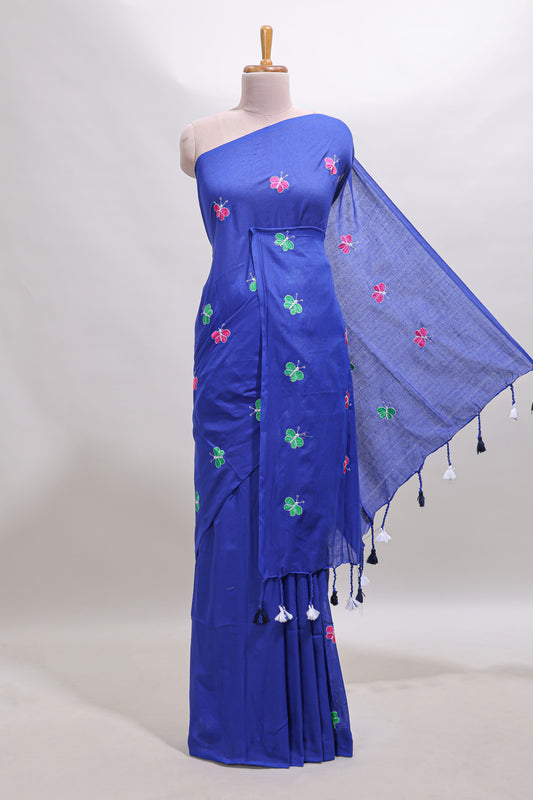 Borderless blue butterfly motifs south cotton saree with contrast blouse and tassels