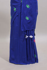 Borderless blue butterfly motifs south cotton saree with contrast blouse and tassels