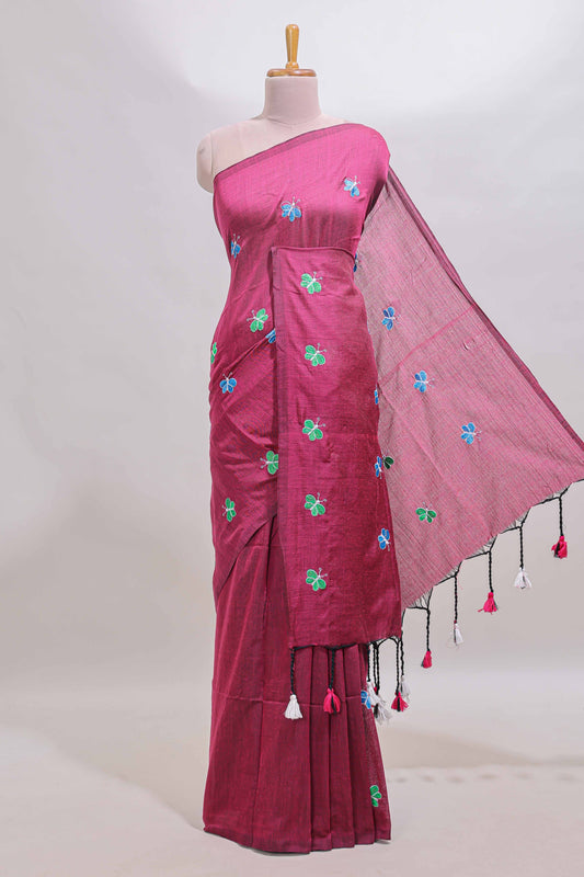 Borderless maroon butterfly motifs south cotton saree with contrast blouse and tassels