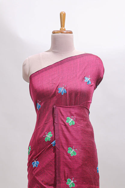 Borderless maroon butterfly motifs south cotton saree with contrast blouse and tassels