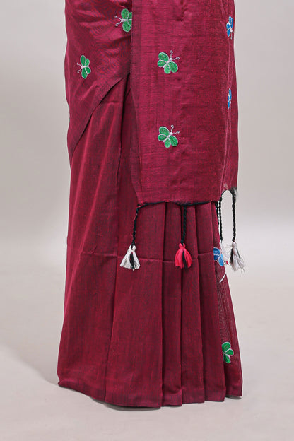 Borderless maroon butterfly motifs south cotton saree with contrast blouse and tassels