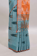 Blue ikkat style motifs south cotton saree with contrast border and blouse