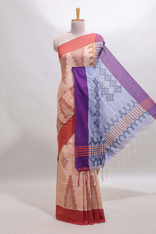 Beige ikkat style motifs south cotton saree with contrast border and blouse