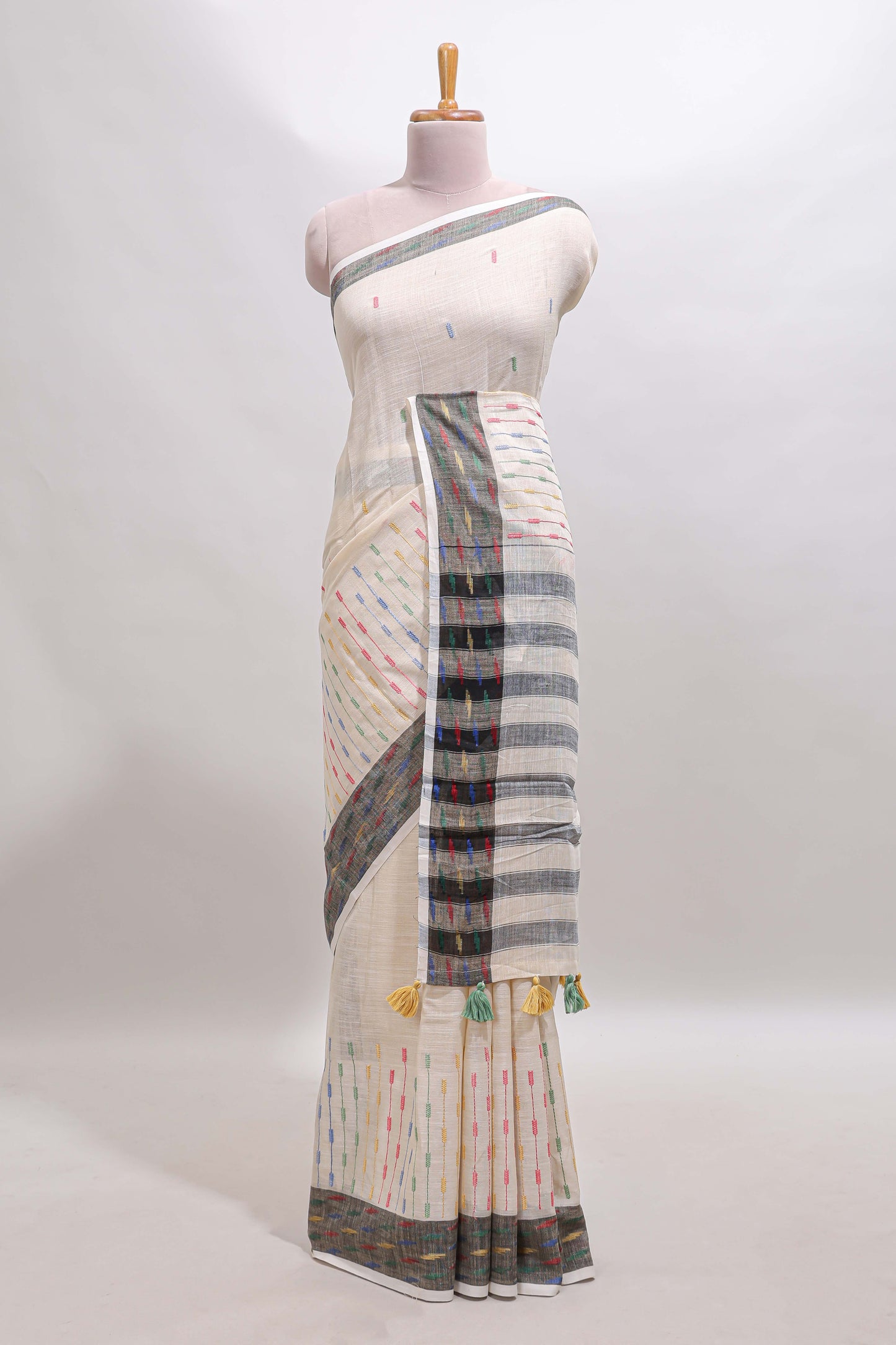 Cream thread butta south cotton saree with contrast border and striped pallu