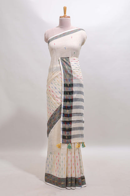 Cream thread butta south cotton saree with contrast border and striped pallu